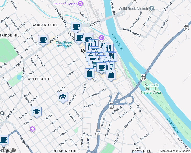 map of restaurants, bars, coffee shops, grocery stores, and more near 314 12th Street in Lynchburg