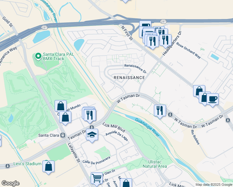 map of restaurants, bars, coffee shops, grocery stores, and more near 4521 Renaissance Drive in San Jose