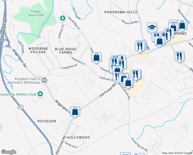 map of restaurants, bars, coffee shops, grocery stores, and more near 1025 Ardmore Drive in Lynchburg