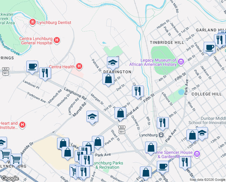 map of restaurants, bars, coffee shops, grocery stores, and more near 1845 2nd Street in Lynchburg