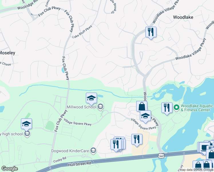 map of restaurants, bars, coffee shops, grocery stores, and more near 6409 Walnut Bend Drive in Midlothian