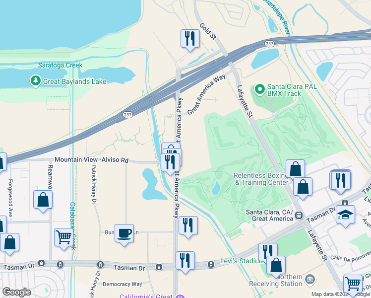 map of restaurants, bars, coffee shops, grocery stores, and more near 5457 Great America Parkway in Santa Clara