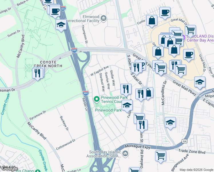 map of restaurants, bars, coffee shops, grocery stores, and more near 1255 Sunrise Way in Milpitas