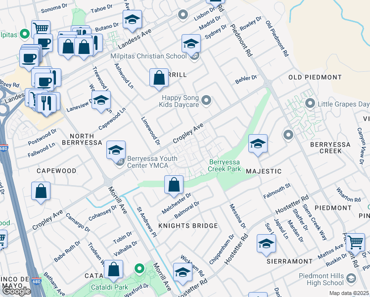 map of restaurants, bars, coffee shops, grocery stores, and more near 3186 Fernside Square in San Jose