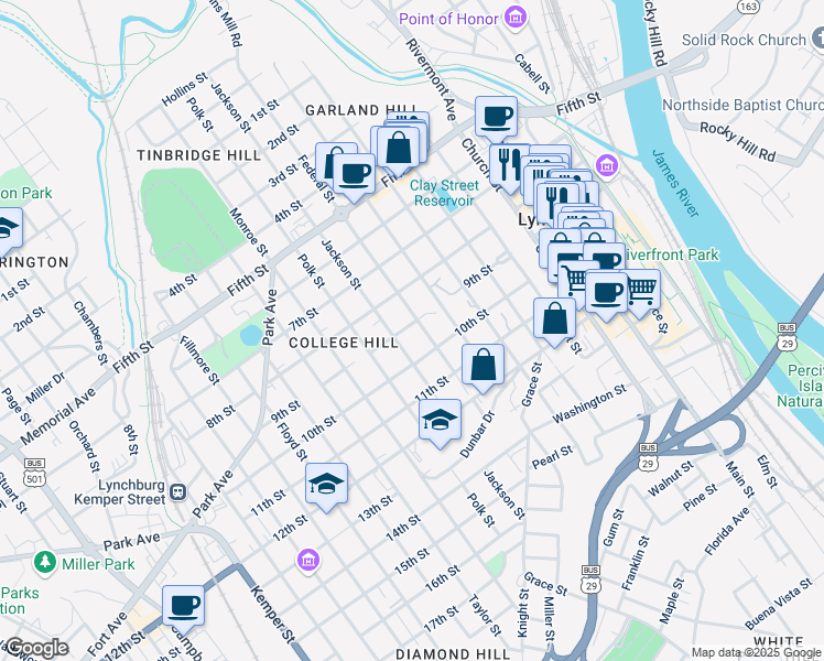 map of restaurants, bars, coffee shops, grocery stores, and more near 903 Federal Street in Lynchburg