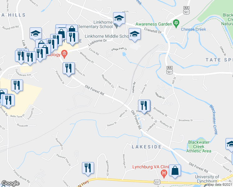 map of restaurants, bars, coffee shops, grocery stores, and more near 3204 Oak Hill Avenue in Lynchburg