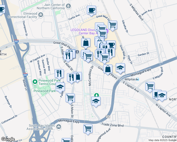 map of restaurants, bars, coffee shops, grocery stores, and more near 1355 McCandless Drive in Milpitas