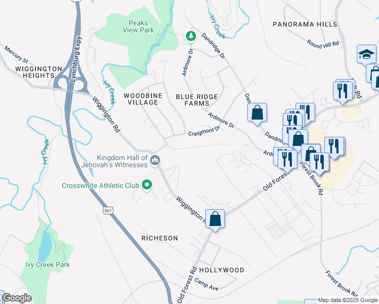 map of restaurants, bars, coffee shops, grocery stores, and more near 1305 Ashbourne Drive in Lynchburg