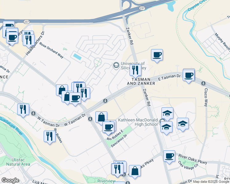 map of restaurants, bars, coffee shops, grocery stores, and more near 121 East Tasman Drive in San Jose