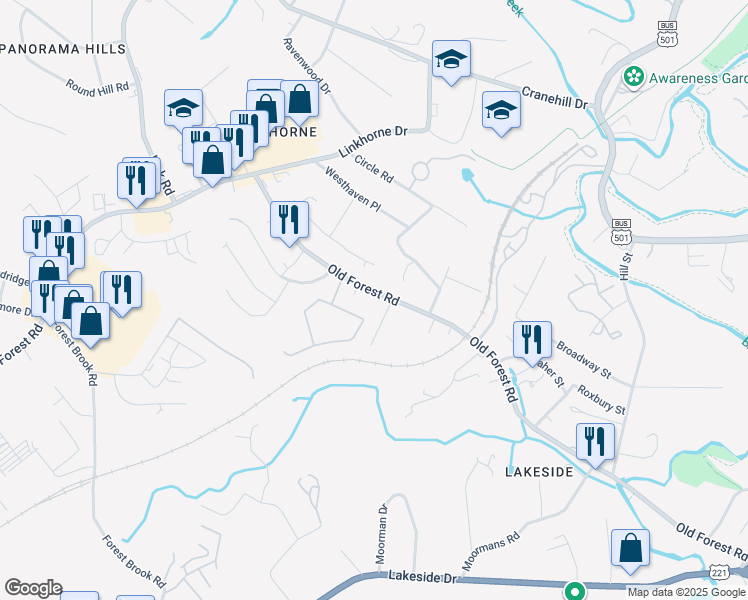 map of restaurants, bars, coffee shops, grocery stores, and more near 2437 Old Forest Road in Lynchburg