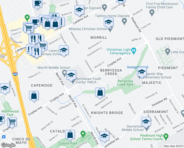 map of restaurants, bars, coffee shops, grocery stores, and more near 1903 Limewood Drive in San Jose