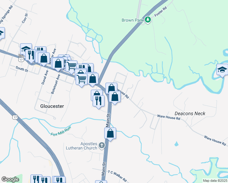 map of restaurants, bars, coffee shops, grocery stores, and more near 6852 Ware House Road in Gloucester