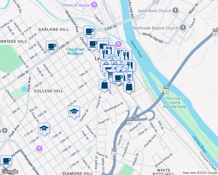 map of restaurants, bars, coffee shops, grocery stores, and more near 323 12th Street in Lynchburg