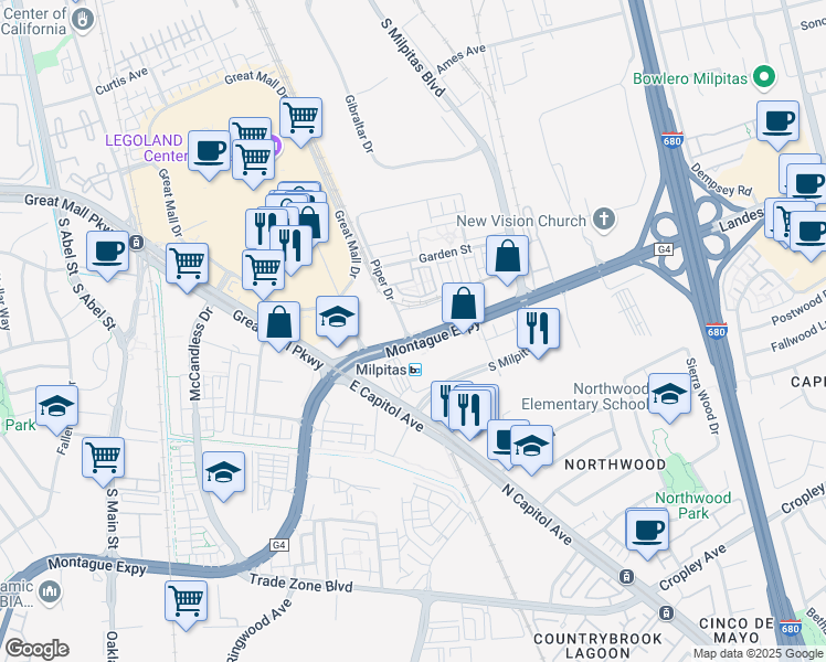 map of restaurants, bars, coffee shops, grocery stores, and more near 753 County Highway G4 in Milpitas