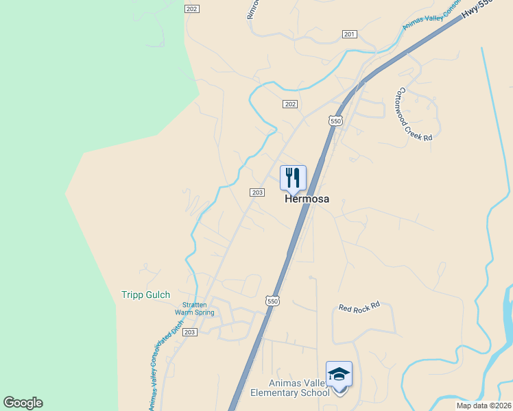 map of restaurants, bars, coffee shops, grocery stores, and more near 7909 Co Road 203 in Durango