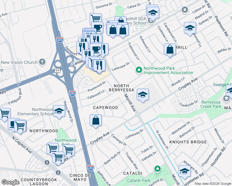 map of restaurants, bars, coffee shops, grocery stores, and more near 3070 Capewood Lane in San Jose