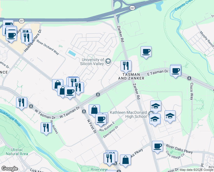 map of restaurants, bars, coffee shops, grocery stores, and more near 121 East Tasman Drive in San Jose
