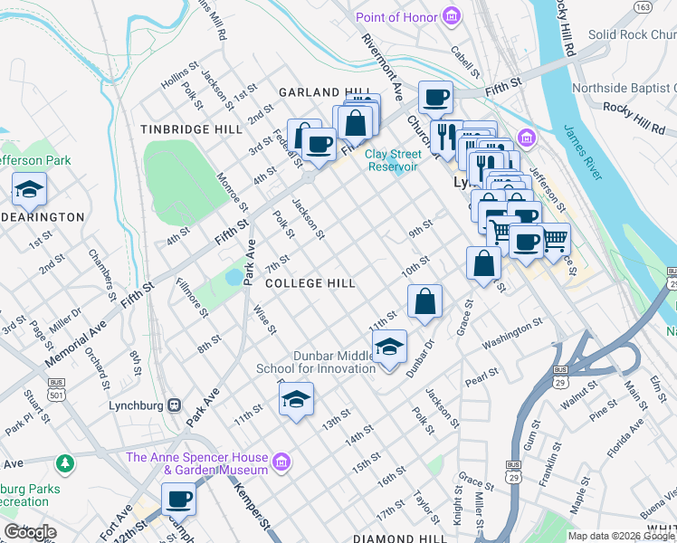 map of restaurants, bars, coffee shops, grocery stores, and more near 813 Jackson Street in Lynchburg