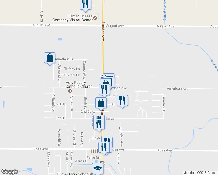map of restaurants, bars, coffee shops, grocery stores, and more near 19953 American Ave in Hilmar