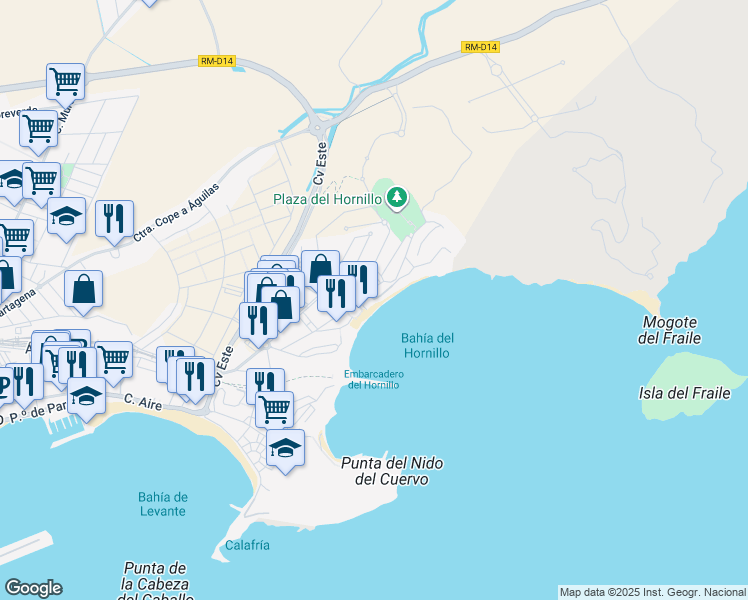 map of restaurants, bars, coffee shops, grocery stores, and more near 2D Calle Juan Goytisolo in Águilas