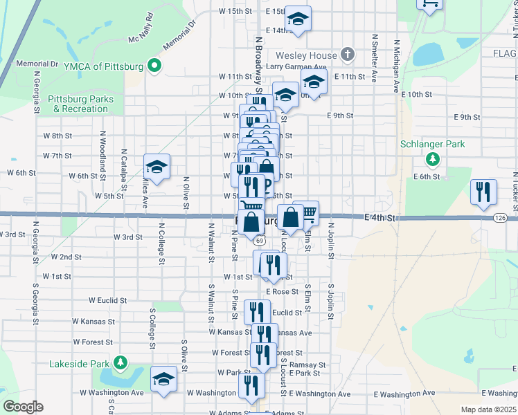 map of restaurants, bars, coffee shops, grocery stores, and more near 409 North Broadway Street in Pittsburg