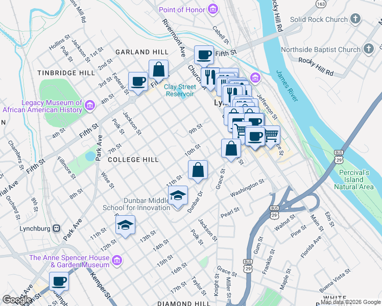 map of restaurants, bars, coffee shops, grocery stores, and more near 1000 Harrison Street in Lynchburg