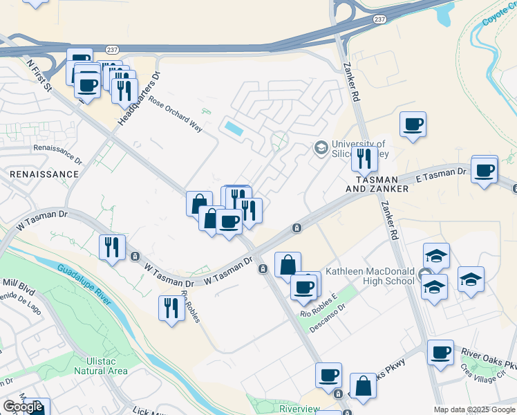 map of restaurants, bars, coffee shops, grocery stores, and more near 270 El Bosque Drive in San Jose