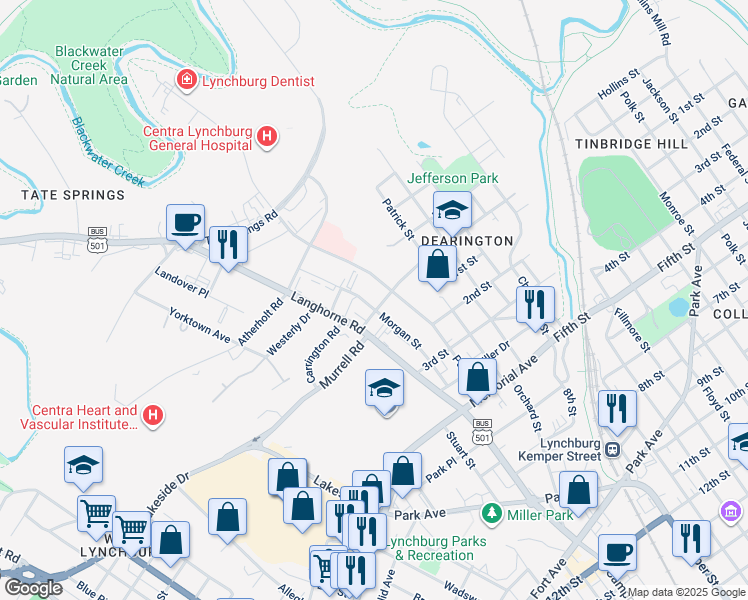 map of restaurants, bars, coffee shops, grocery stores, and more near 116 Morgan Street in Lynchburg
