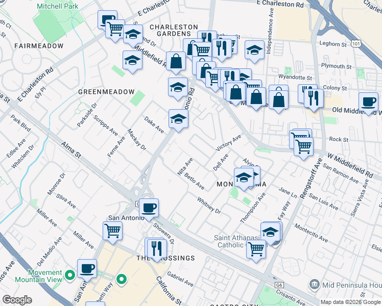 map of restaurants, bars, coffee shops, grocery stores, and more near 2511 Mardell Way in Mountain View