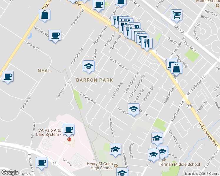 map of restaurants, bars, coffee shops, grocery stores, and more near 3857 Timlott Court in Palo Alto