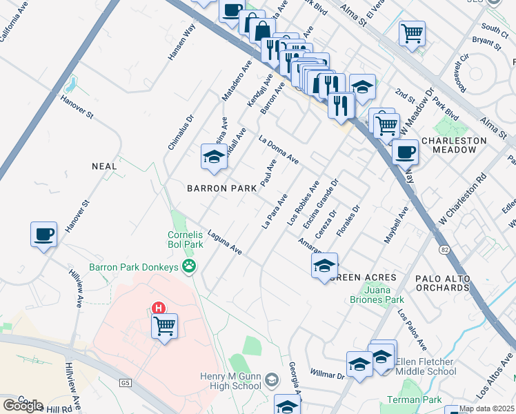 map of restaurants, bars, coffee shops, grocery stores, and more near 3857 Timlott Court in Palo Alto