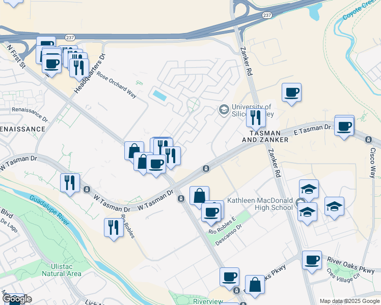 map of restaurants, bars, coffee shops, grocery stores, and more near 270 El Bosque Drive in San Jose