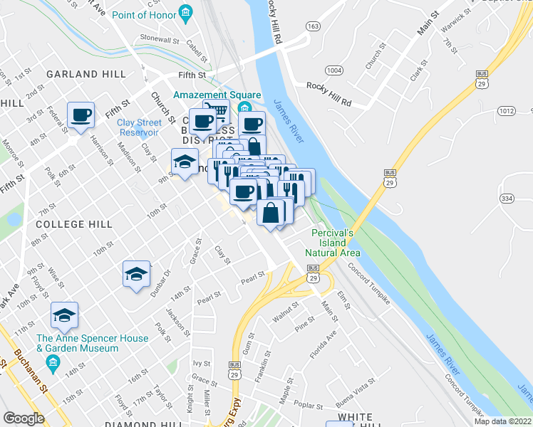map of restaurants, bars, coffee shops, grocery stores, and more near 1300 Main Street in Lynchburg