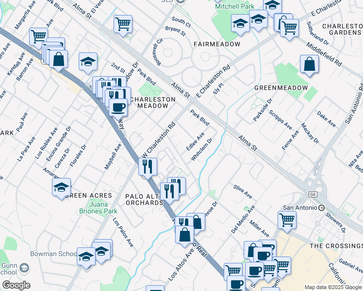 map of restaurants, bars, coffee shops, grocery stores, and more near 341 Duluth Circle in Palo Alto