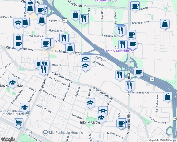 map of restaurants, bars, coffee shops, grocery stores, and more near 1701 Rock Street in Mountain View