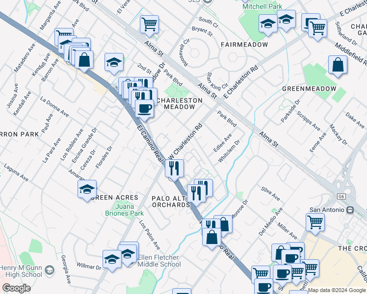 map of restaurants, bars, coffee shops, grocery stores, and more near 4201 Juniper Lane in Palo Alto
