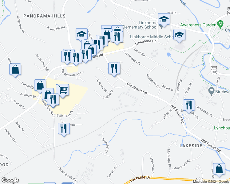 map of restaurants, bars, coffee shops, grocery stores, and more near 214 Legacy Oaks Cir in Lynchburg