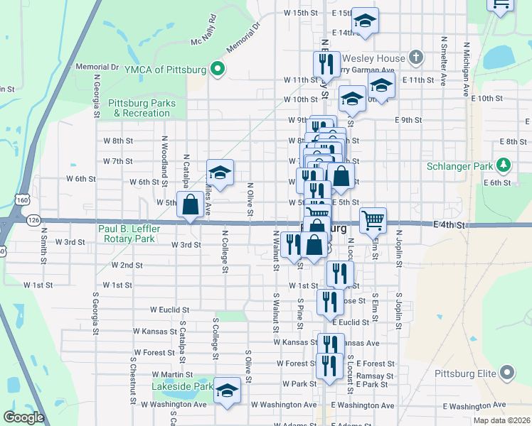 map of restaurants, bars, coffee shops, grocery stores, and more near 405 North Walnut Street in Pittsburg