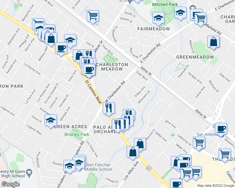 map of restaurants, bars, coffee shops, grocery stores, and more near 4201 Juniper Lane in Palo Alto