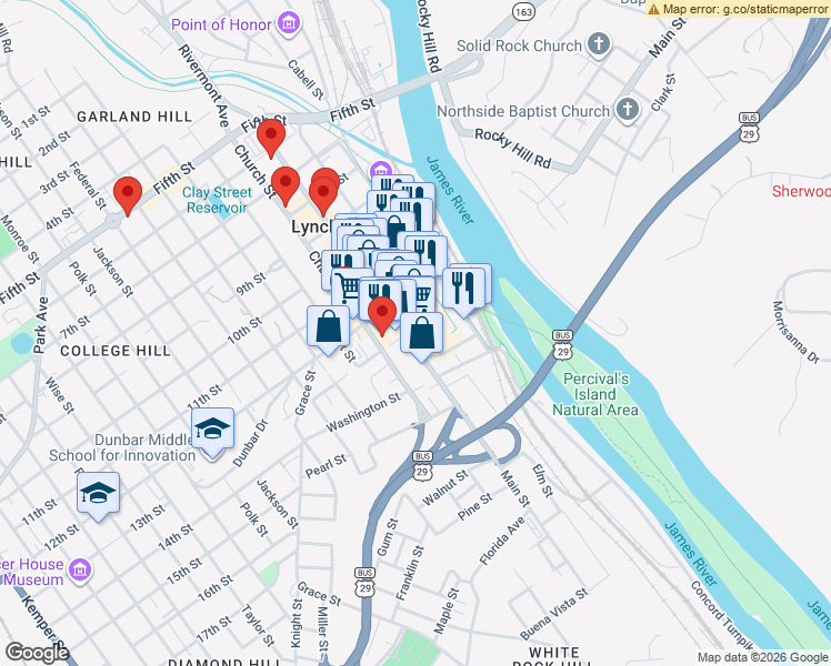 map of restaurants, bars, coffee shops, grocery stores, and more near 1300 Main Street in Lynchburg