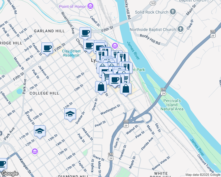 map of restaurants, bars, coffee shops, grocery stores, and more near 300 12th Street in Lynchburg