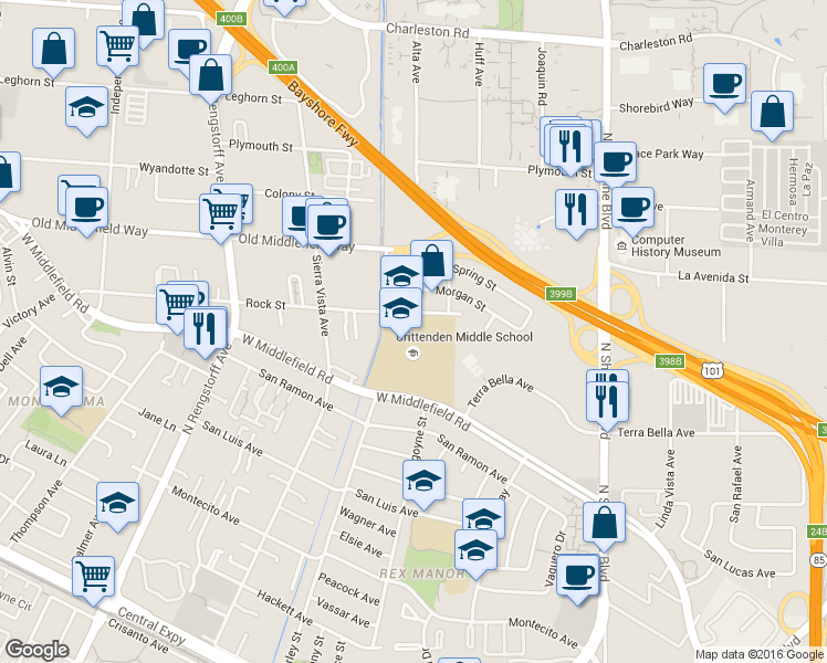 map of restaurants, bars, coffee shops, grocery stores, and more near 1701 Rock Street in Mountain View