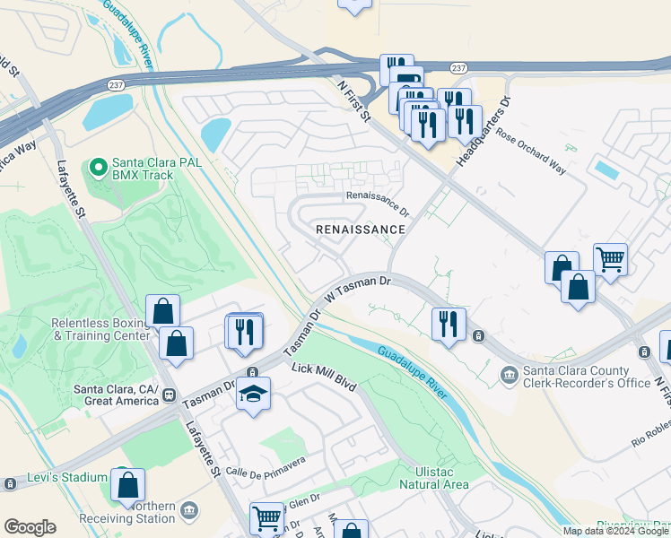 map of restaurants, bars, coffee shops, grocery stores, and more near 4521 Renaissance Drive in San Jose