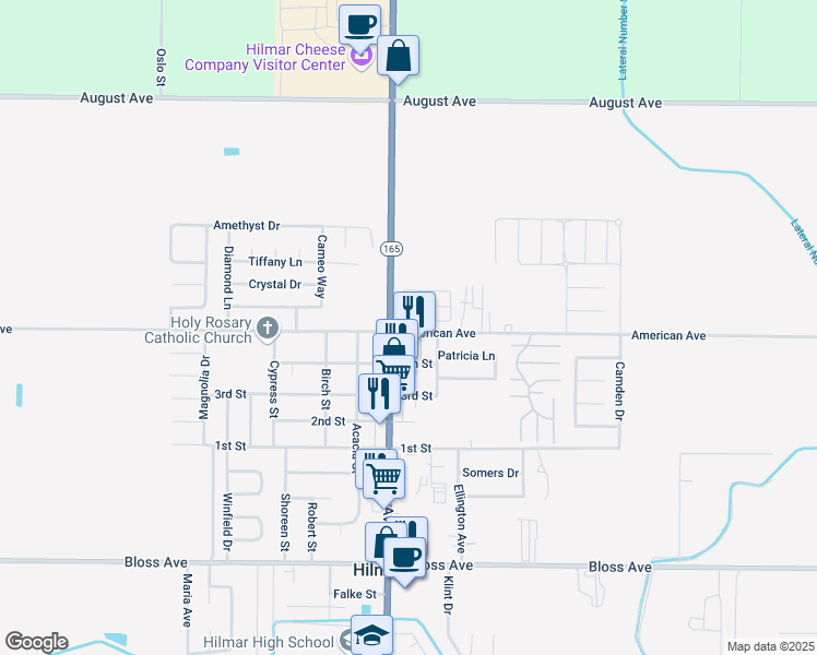map of restaurants, bars, coffee shops, grocery stores, and more near 19953 American Avenue in Hilmar