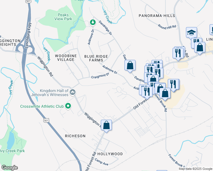 map of restaurants, bars, coffee shops, grocery stores, and more near 1203 Ashbourne Drive in Lynchburg