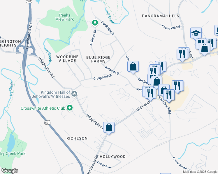 map of restaurants, bars, coffee shops, grocery stores, and more near 1203 Ashbourne Drive in Lynchburg