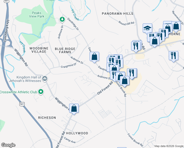 map of restaurants, bars, coffee shops, grocery stores, and more near 1025 Ardmore Drive in Lynchburg