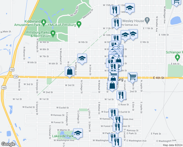 map of restaurants, bars, coffee shops, grocery stores, and more near 408 North Olive Street in Pittsburg