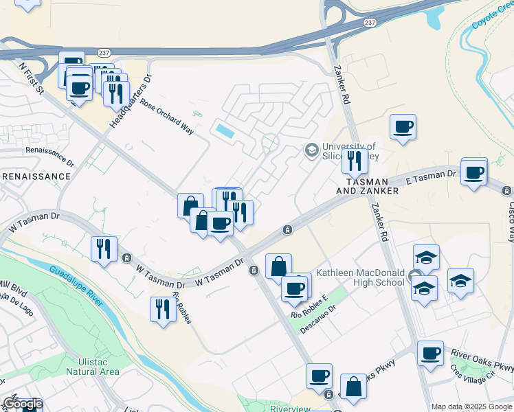 map of restaurants, bars, coffee shops, grocery stores, and more near 250 El Bosque Drive in San Jose