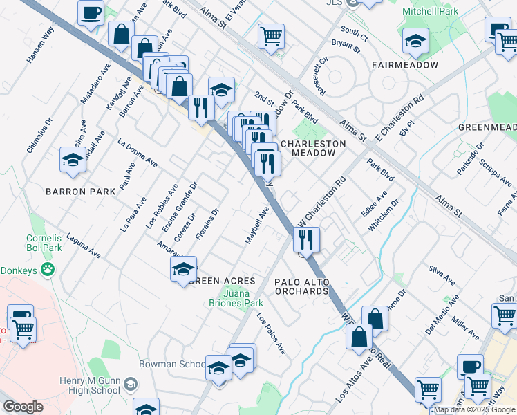 map of restaurants, bars, coffee shops, grocery stores, and more near 4155 Interdale Way in Palo Alto